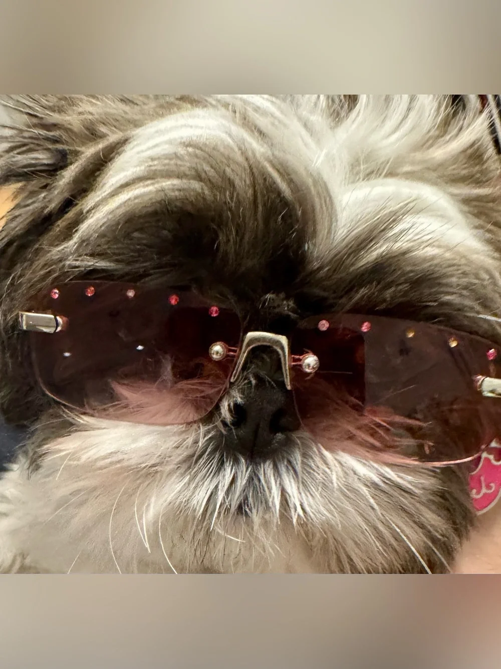 Stylish pink rimless sunglasses adorned with decorative rhinestones. These glass